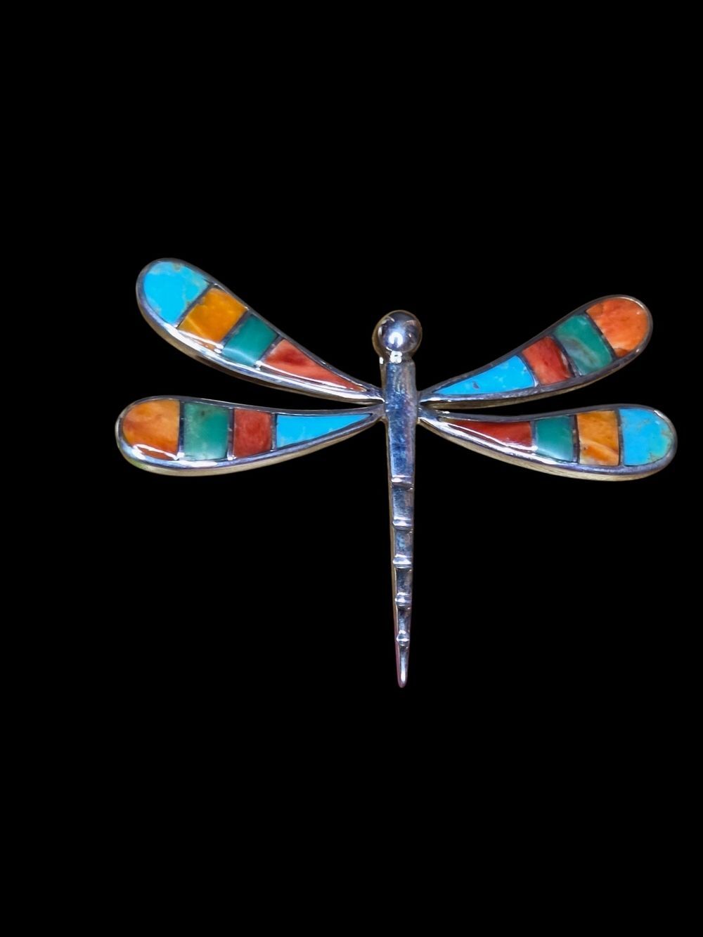 Sterling Silver Multicolor Dragonfly Inlay Pendant - Southwest Spiny Oyster